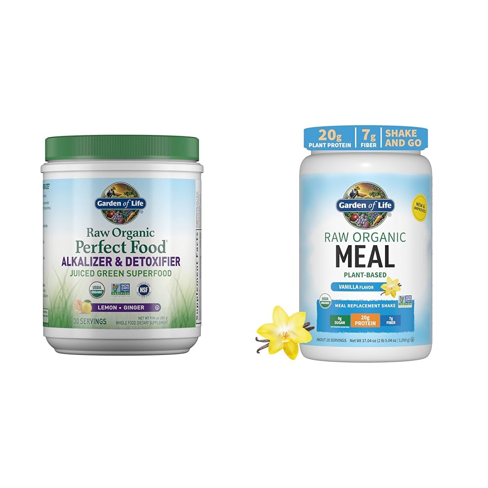 Dabas Dārzs Raw Organic Perfect Food Alkalizer & Detoksifikators Sūkalas Greens Superfood Pulveris un Vegan Protein Pulveris - Raw Organic Maleal Replacement Shakes - Vanilla - Pea Protein