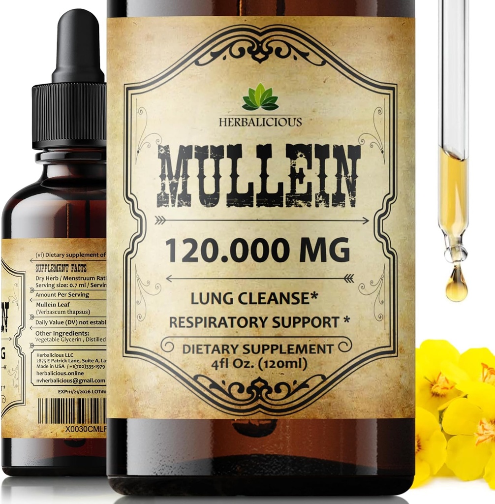 HERBALIKIOUS Mullein Pilieni Lungs – Organic Lung Cleanse Papildinājums ar Mullein Leaf Extract (Verbascum Thapsus) – Vegan, Non-GMO Liquid Formula – 4 Fl Oz