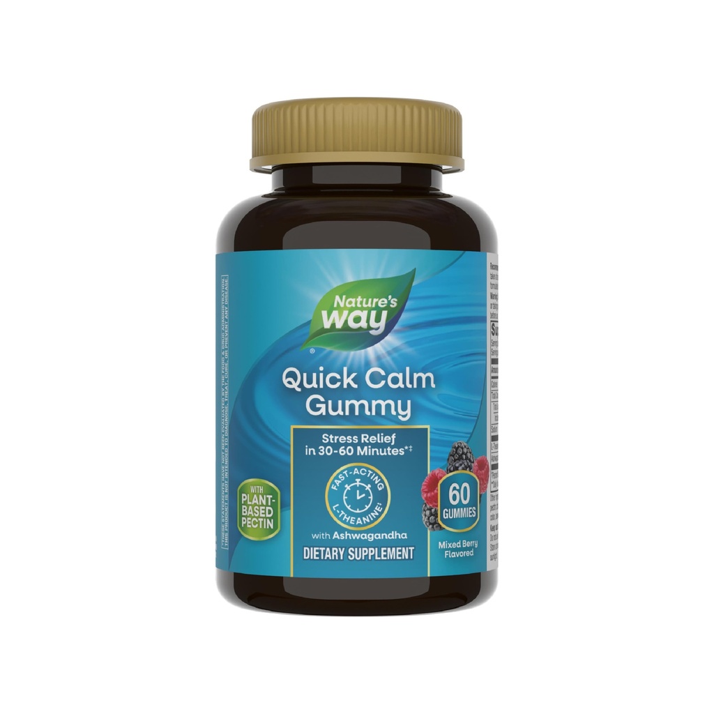 Dabas ceļš Quick Calm Gummies, L-Teanine relaksācijai*, Ātra darbība, Stresa atvieglošana no L-Teanine 30-60 minūšu laikā*, ar Ashwagandha, Vegetarian, Jauktas odzes, 60 Gummijas