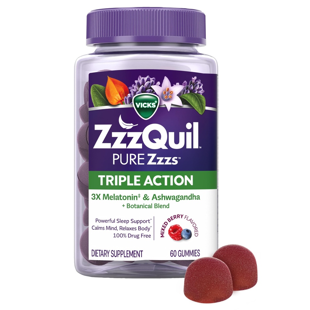 ZzzQuil PURE Zzzs Triple Action, Melatonin Gumies, Melatonīns 6mg, 3X Melatonīns, Miega līdzeklis ar Ashwagandha, Calm Mood, Antioksidants, Miega līdzeklis pieaugušajiem, 60 Miega Gumijas