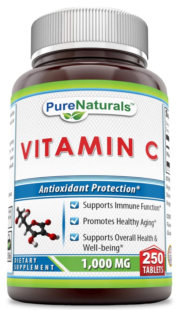 Pure Naturals C vitamīns, 1000 mg 250 tabletes - atbalsts imūnai funkcijai * -atbalsta vispārējo veselību un labsajūtu * -veicina veselīgu novecošanu *