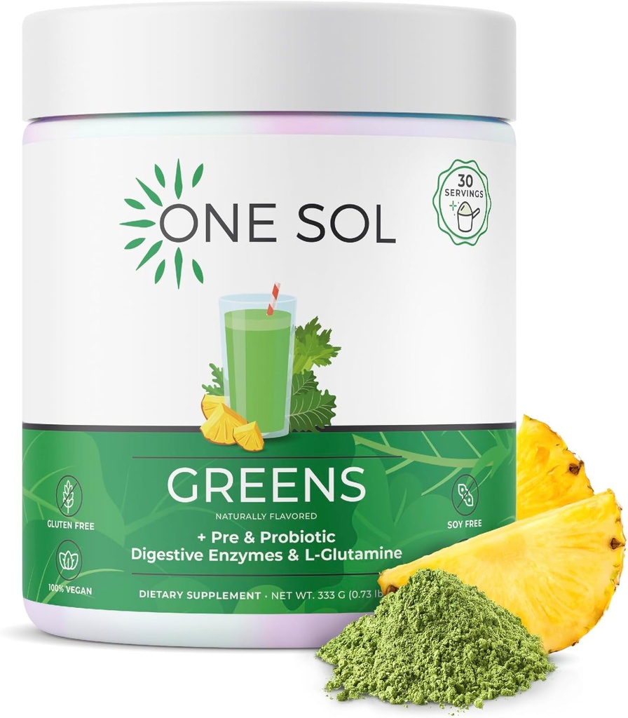 Viens Sol Greens, Super Greens pulveris, lai samazinātu uzputošanas un uzlabot Gut veselību, Superfood Svaigs Bloom Organic Greens Blend Juice & Smoothie Mix, Pre & Probiotika ar gremošanas enzīmiem, Vegan & Soy Free