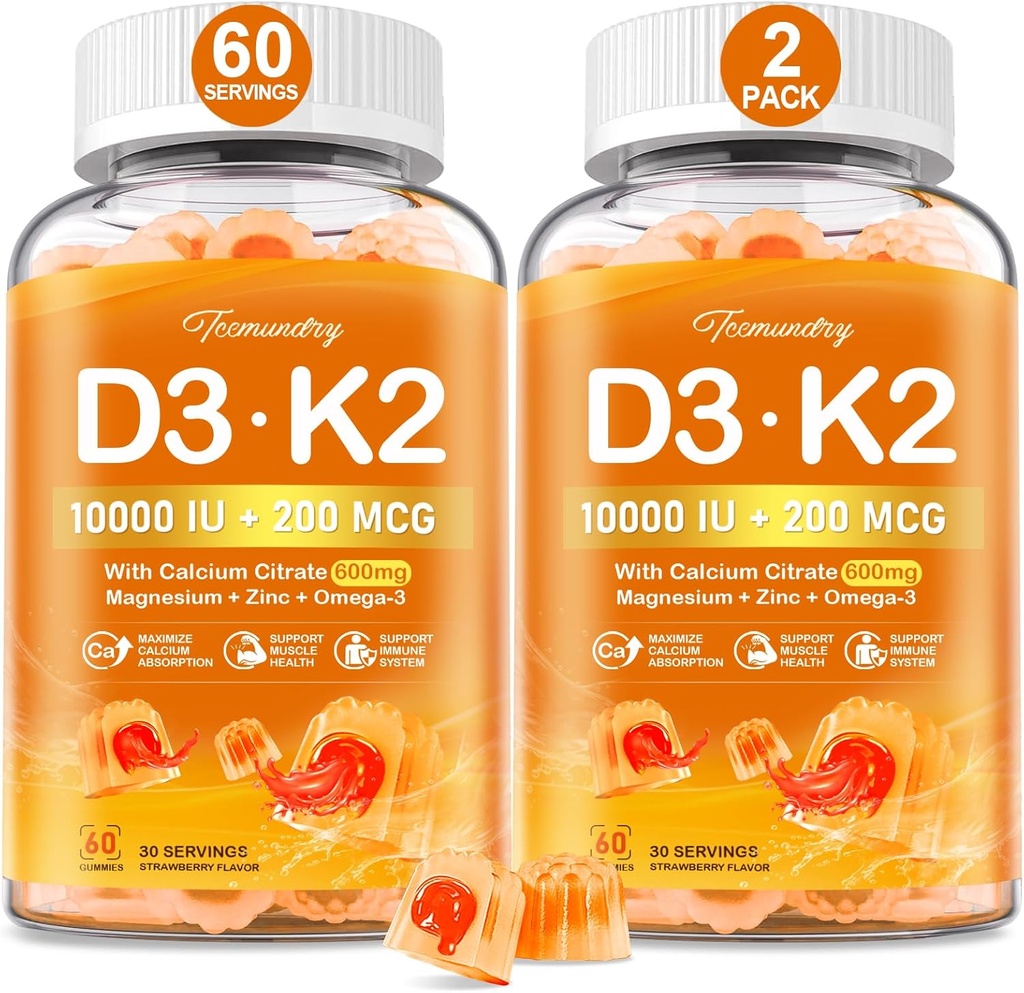 Vitamīns D3 K2 5000IU / 10000 SV Gumijas pieaugušajiem - K2 D3 Vitamīnu piedevas ar 600 mg kalcija, K2 (MK-7) 200mkg, magnija, cinka, omega-3 - atbalsta kalcija uzsūkšanos un imūno veselību