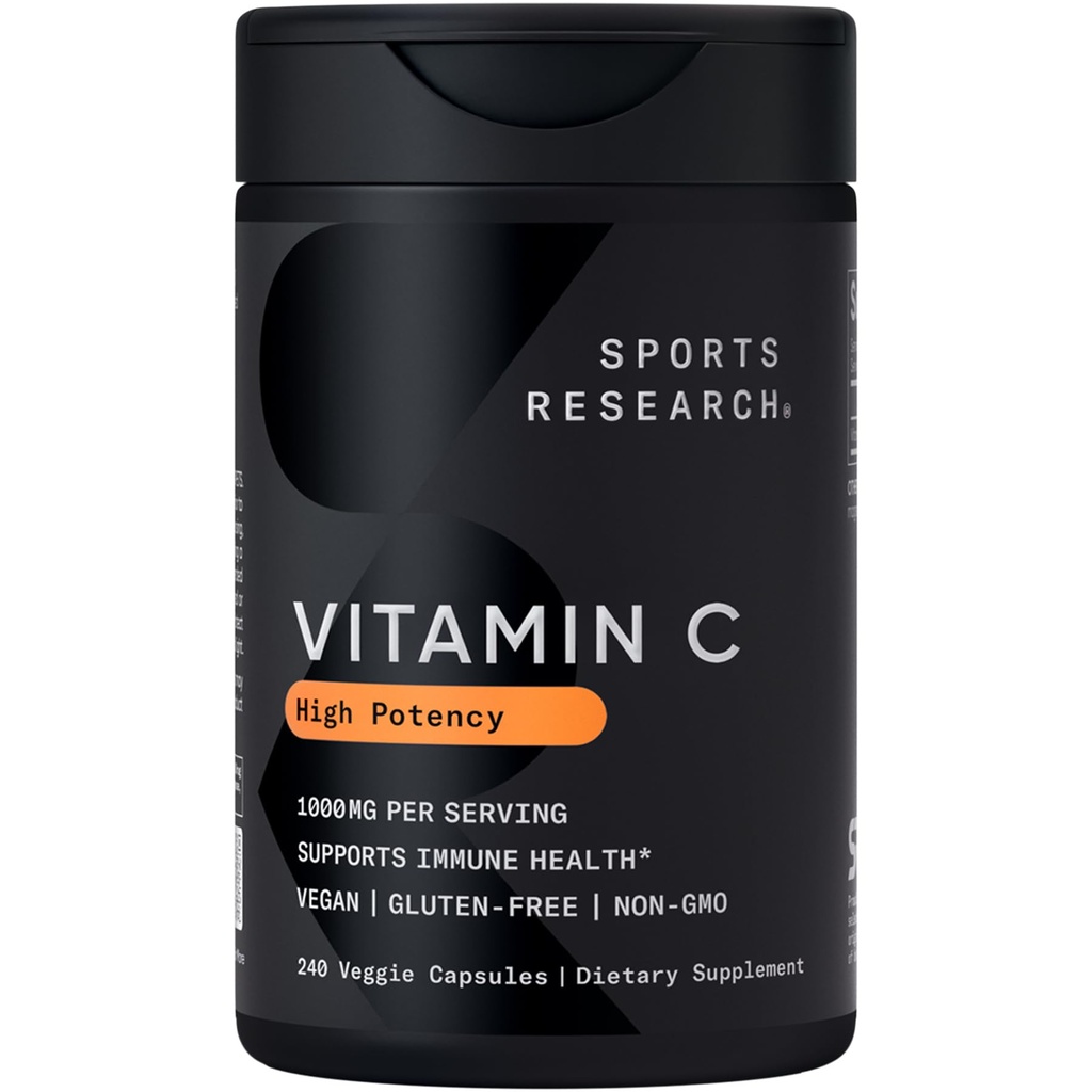 Sporta pētījumi Augstas potences C vitamīna papildinājums - Vegan Veggie kapsulas antioksidantu aktivitāti un imūno atbalstu - Non-GMO Verified & Gluten Free - Askorbīnskābe vitamīns C 1000mg, 240 Skaits