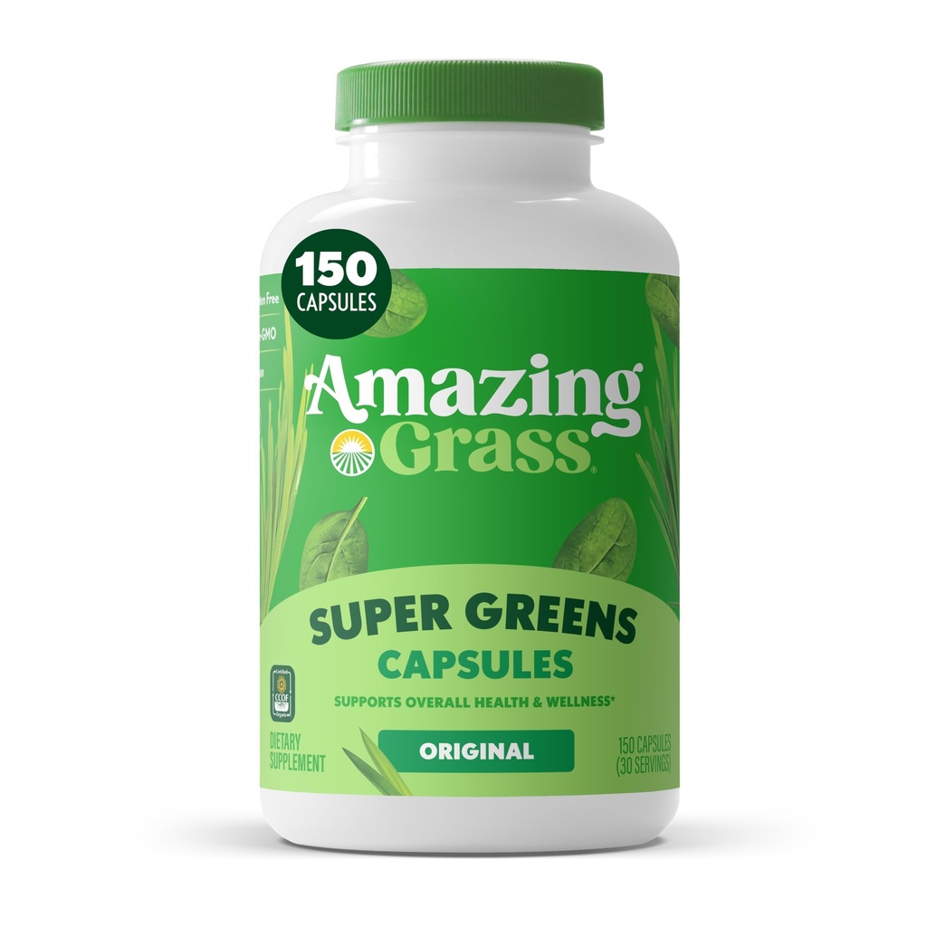 Apbrīnojami zāles zaļumi Blend Superfood Kapsulas: Super Greens ar Organic Spirulina, Hlorella, Bišu saknes pulveris, Gremošanas enzīmi un probiotikas, 150 kapsulas (iepakojums May Vary)