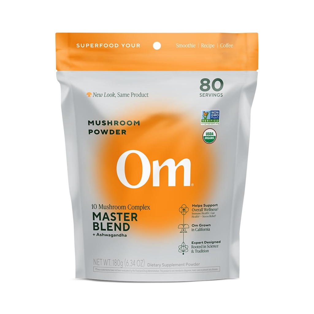 OM Sēnes Master Blend Sēņu pulveris – Organiskās Sēņu Papildinājums ar 10 Sēnēm un Ashwagandha - Atbalsts Immunity, Gut Health & Stress Relief, 6.34 oz (80 Kalpo)