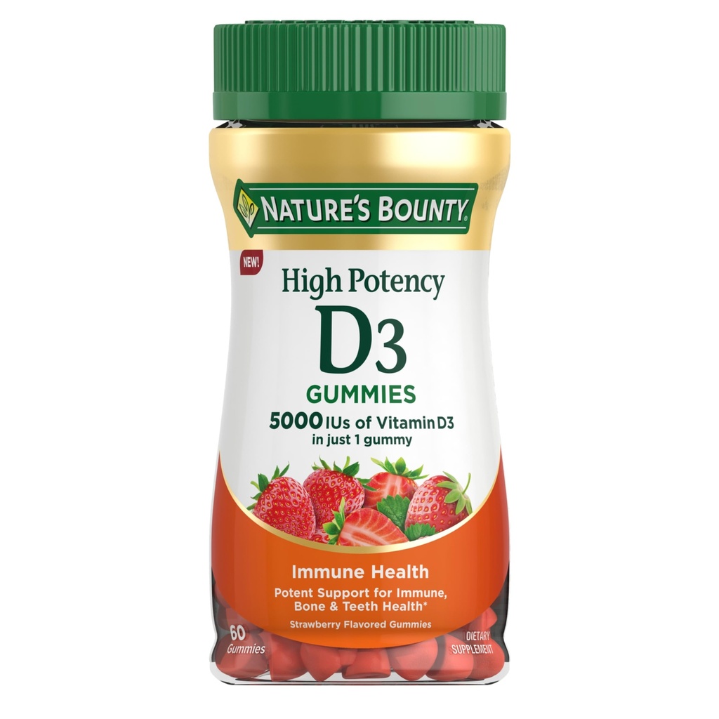 Dabas bounty vitamīns D 5000 SV Gumijas, vitamīns D3 Augsta potence Imūnsupport & Kaulu veselības papildinājums, 5000 SV 1 gumija, zemeņu putas, 2 mēnešu piegādes, 60 veģetāru Gumijas pieaugušajiem