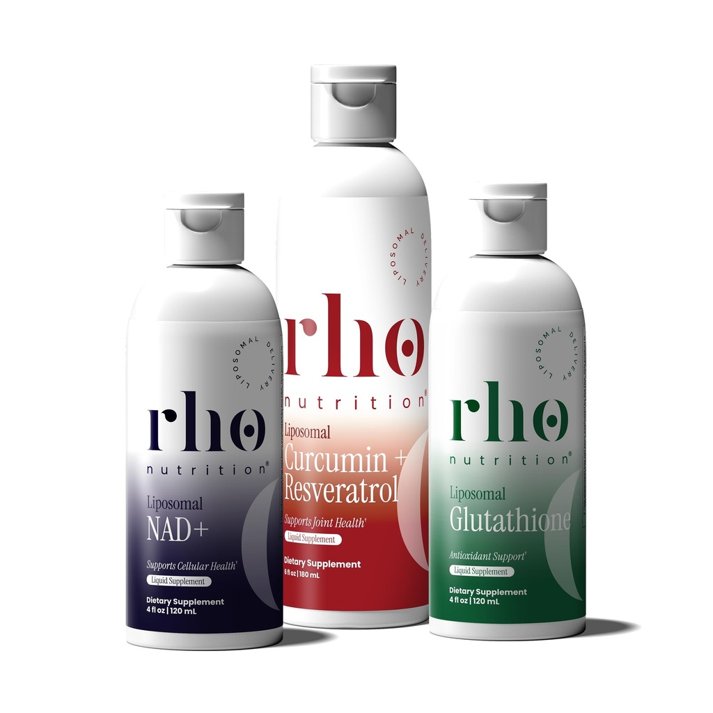 Rho Uzturs - Celular Health Essentials Bundle - Šķidrs Liposomāli papildinājumi veselīgai novecošanās un šūnu atbalsts - NAD+, Kurkumīns + Resveratrol, & Glutatione (3 Pack)