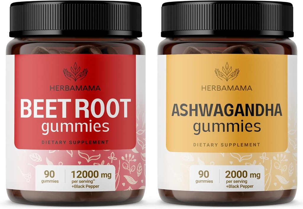 HERBAMAMA Biešu saknes un ašvagandas komplekts - 12000 mg biešu saknes ar melnajiem pipariem un 2000 mg ašvagandas saknes gumijas - vegans, bez želatīna, ne-ĢMO