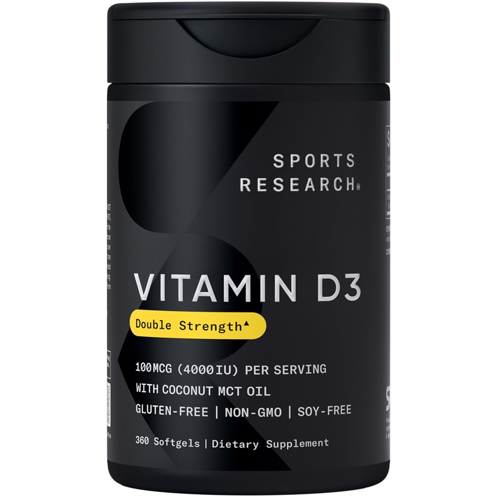 Sporta pētījumi® D3 vitamīns 4000 SV ar kokosriekstu MCT eļļu - Double Strength D vitamīna papildinājums - bez lipekļa · bez GMO · bez sojas - 360 grāvja softgeli