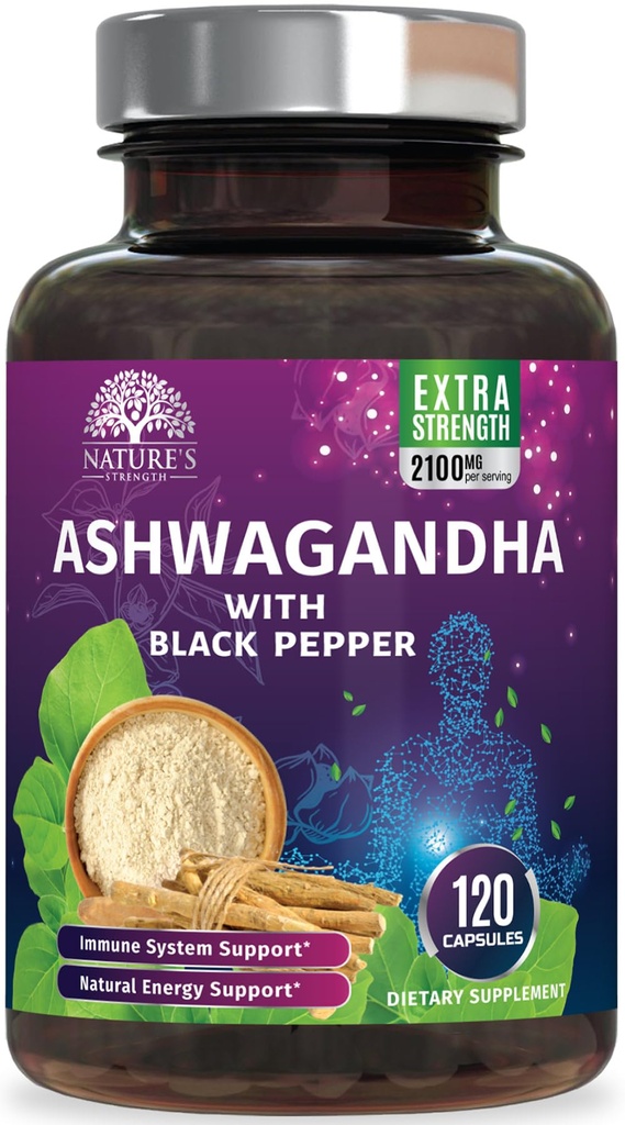 Ashwagandha papildinājumi 2100mg - Extra Strength Ashwagandha pulvera un saknes ekstrakts ar melno piparu Max Absorbcija, Herbal Antioksidantu papildinājumi sievietēm un vīriešiem, Vegan, ne-GMO - 120 kapsulas