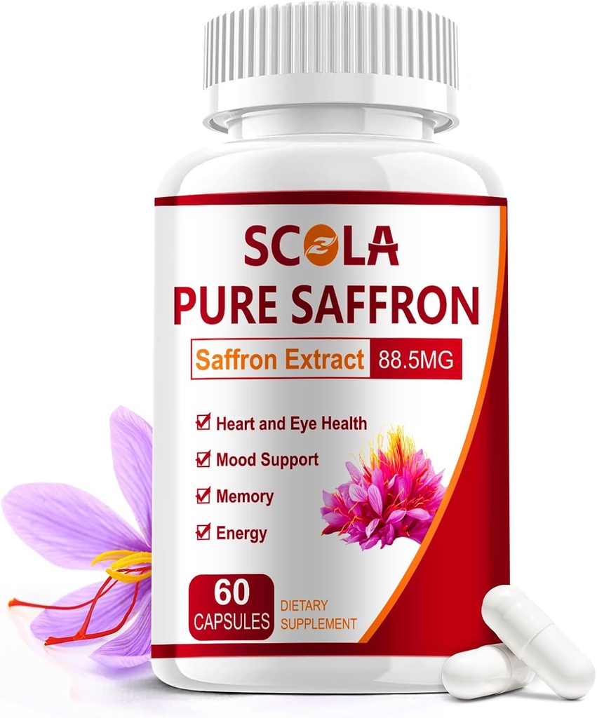 SCOLA Safrona papildinājumi, Pure 88.5mg Safrona ekstrakts sievietēm un vīriešiem, pastiprināta enerģija, locītavu papildinājumi, Vegan, ne-GMO, 60 kapsulas
