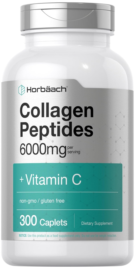 Horbäach kolagēna peptīdi 6000 mg - 300 Kapleta tabletes ar C vitamīnu --- hidrolizētu kolagēna papildinājumu -- ne-GMO, bez lipekļa