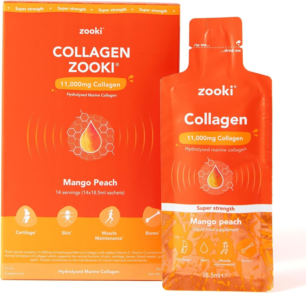 Zooki Super Strength Marine kolagēns Liquid Sachets 11,000mg – Great Garša, bez cukura – Augstākā stipruma Marine kolagēna papildinājumi sievietēm un vīriešiem – āda, locītavu un matu (Mango Peach, 14 Kalpo)