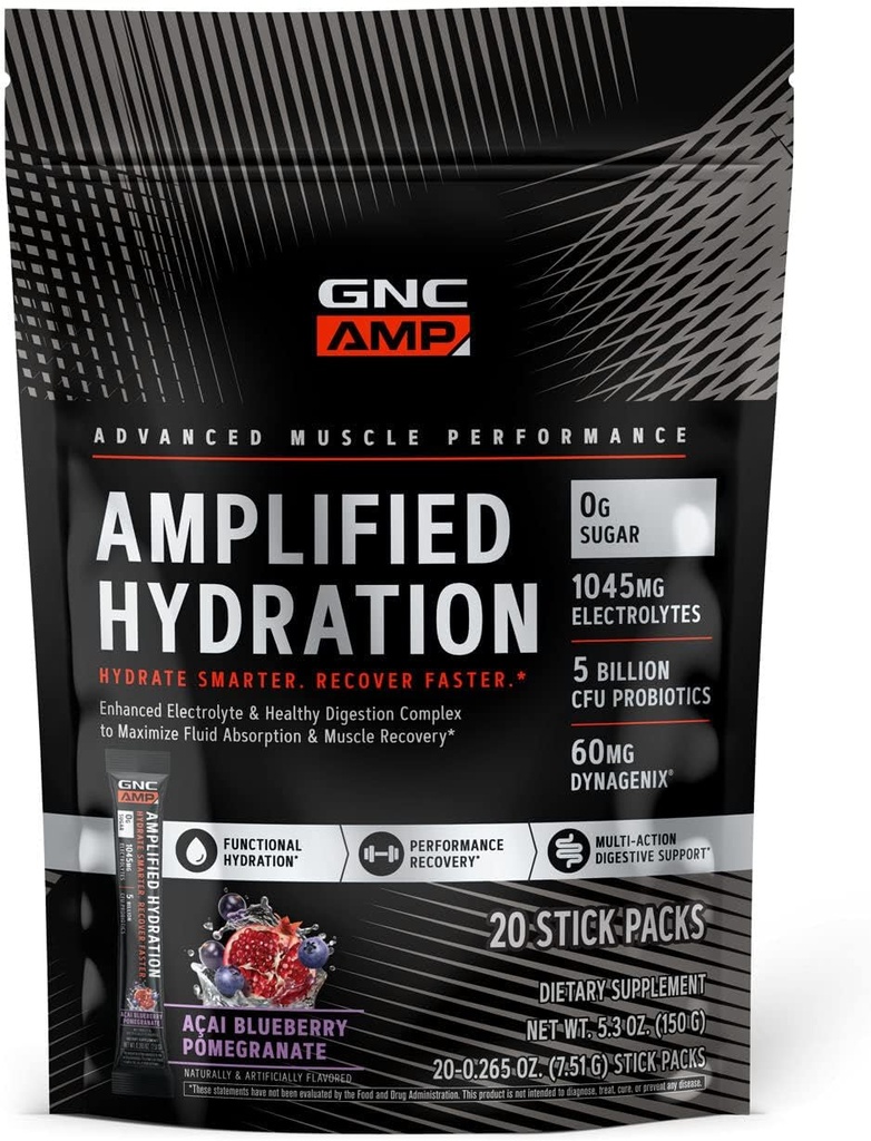 GNC AMP Pastiprināta hidratācija Elektrolītu pulveris Dzēriens Mix - Uzlabots Elektrolīti un veselīgi Gremošanas komplekss - Acai Melleņu Granātābols - 20 Skaits