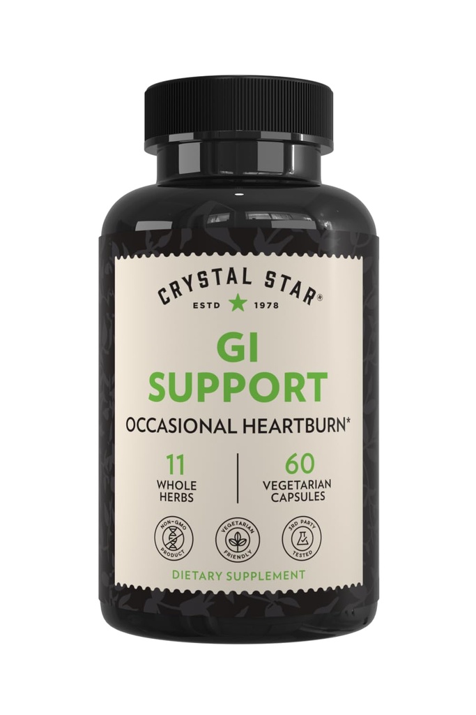 Crystal Star GI atbalsta papildinājums (60 kapsulas) – Herbal Gut Veselības papildinājums Ka nomierina dažreiz grēmas un atbalsta Acid Reflux – Ginger, Slippery Elm Bark & Betaine HCL – Non-GMO