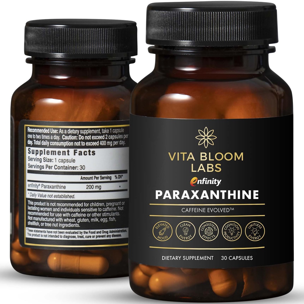 Bezgalība Paraksantīna kapsulas, tīra enerģija un fokuss, kofeīns alternatīvais - 200 mg uz kapsulu - 30 kapsulas uz pudeli -- Izstrādāts ASV, GMP Sertificēts, Ne-GMO, Košera