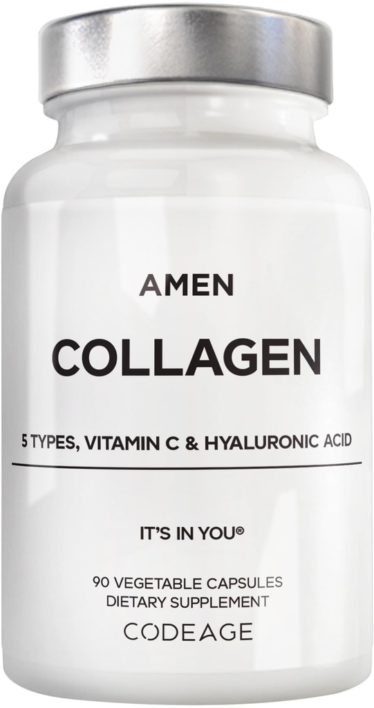 Āmen Multi-kolagēna peptīdi Kapsulas ar hialuronskābi un C vitamīnu - 5 I, II, III, V, X tipa kolagēna proteīnu veidi - Zāles barotnes Hidrolizētas - 18 aminoskābes - kolagēna papildinājums - 90 tabletes