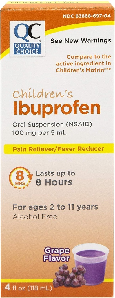 Kvalitatīva izvēle Bērniem Ibuprofēns 100 mg suspensija iekšķīgai lietošanai, sāpes/drudzis Reduktors, vīnogu uzsējums 4 FL OZ