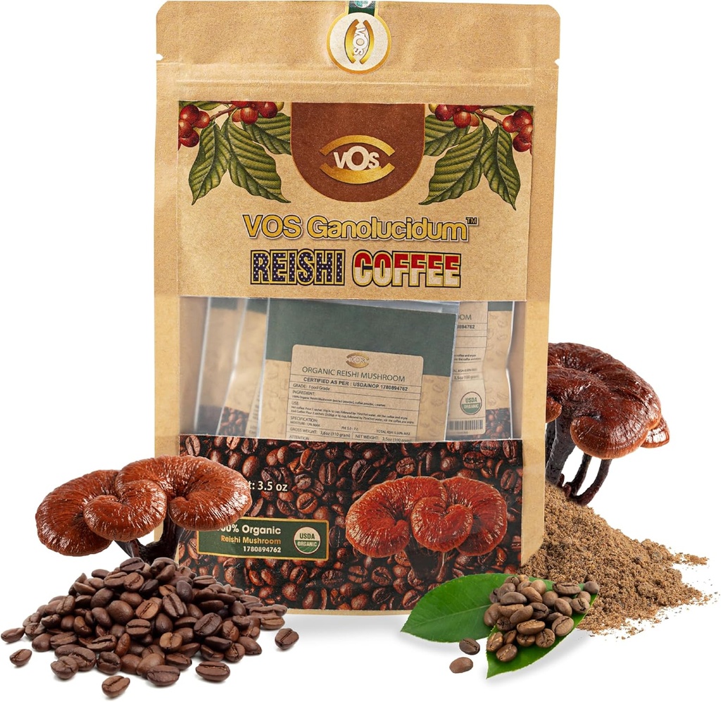 VOS GANOLUCIDUM - 100% Organic Reishi Kafija, 2 in 1 Reishi Sēnes ar kafiju, 5 Sachets, Great Tasting, Sēņu Papildinājums, Atbalsts enerģijai un Immunity Papildinājums (0,7 oz katrs)