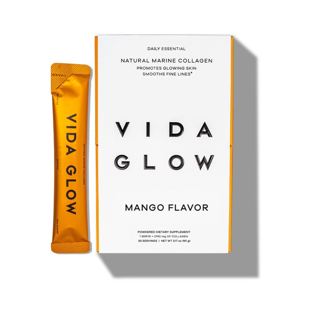 Vida Glow Marine kolagēna pulveris - pretnovecošanās papildinājums ar kolagēna peptīdiem, veicina Glowing ādu, Strong Nails, Veselīgi mati - 30 Kalpo, Mango Flavor