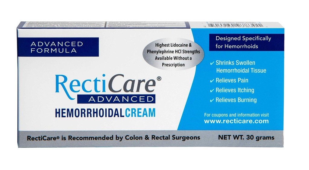Recticare Advanced Hemorrhoidal Cream: Uzlabota ārstēšana, lai sašļākt un nomierina hemoroīdi - nieze, sāpes, Burn Relief - 30g Hemorrhoidal Cream ar Lidokaīnu
