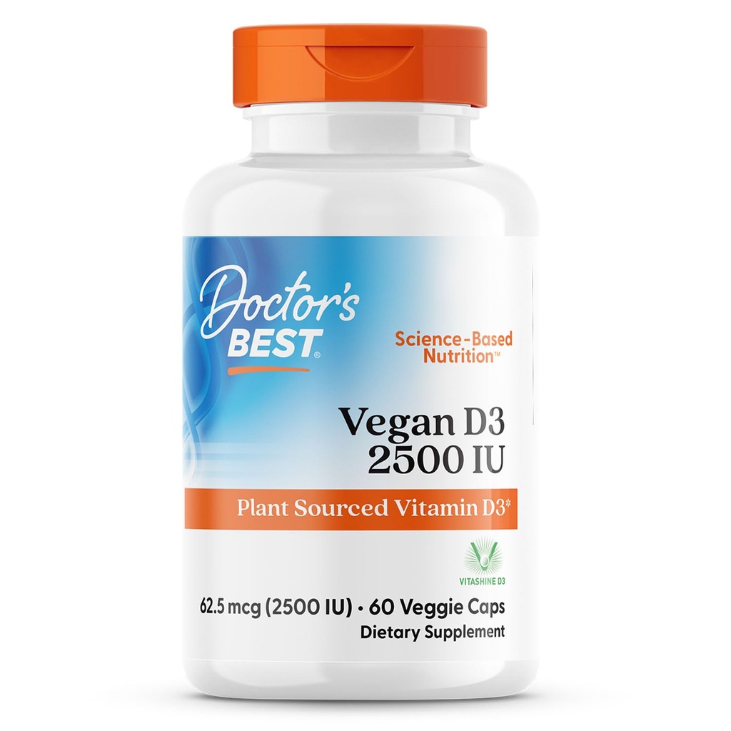 Ārsti labākais Vegan D3 2500 SV (Vitashine), augu izcelsmes D3 vitamīns, ne-GMO, bez lipekļa, bez sojas, Vegan 60 Veggie Caps