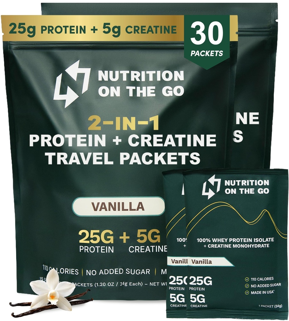 Uzturs uz Go Whey Olbaltumvielas Izolāts Paketes ar kreatīnu – 25g Olbaltumvielas + 5g Kreatīns – Viena serve Travel Olbaltumvielu Pulveris – Vanilla (30- Iepakojums)