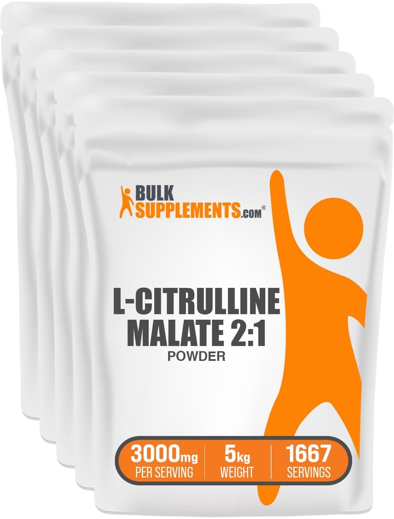 BulkSupplements.com L-citrullīna malāts 2:1 Pulveris - Slāpekļskābes oksīda pastiprinātājs, Citrulīna malāta papildinājums - Neflavorēts un glutēns bez 3 g uz vienu Kalpotāju, 1kg (iepakojums 5) (11 mārciņas)