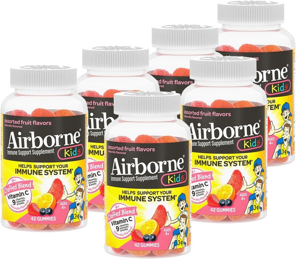 Airborne 500mg vitamīns C + cinks Imūnās atbalsta papildinājums Gumijas bērniem, Assorted Fruit Flavor, bez lipekļa Drafted Blend ar spēcīgiem antioksidantiem Vitamīni C & E, 42 Gumijas (6 iepakojumā)