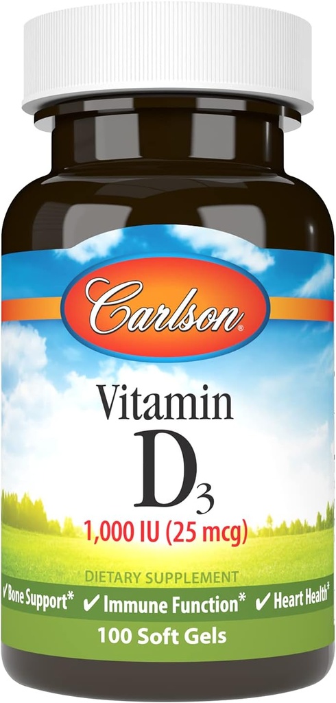 Carlson – D3 vitamīns, 1000 SV (25 μg), kaulu veselība, muskuļu veselība, holekalciferols, D vitamīna piedevas, D3 vitamīns Mīkstie gels, 100 softgeli