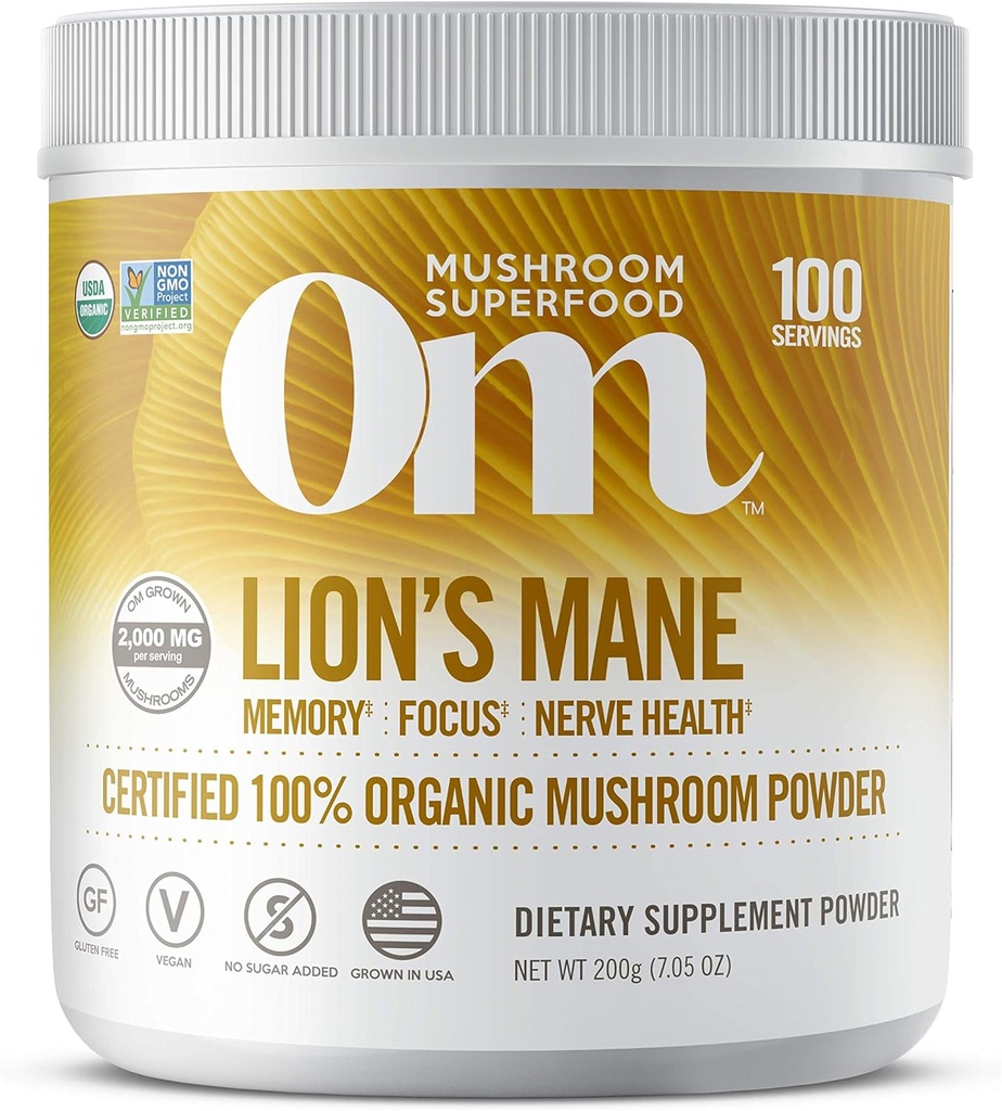 Om Organic Mushroom Nutrition Lion's Mane: atmiņa, fokuss, nervu veselība, 100 porcijas, 7.14 Ounce, 200 Gram