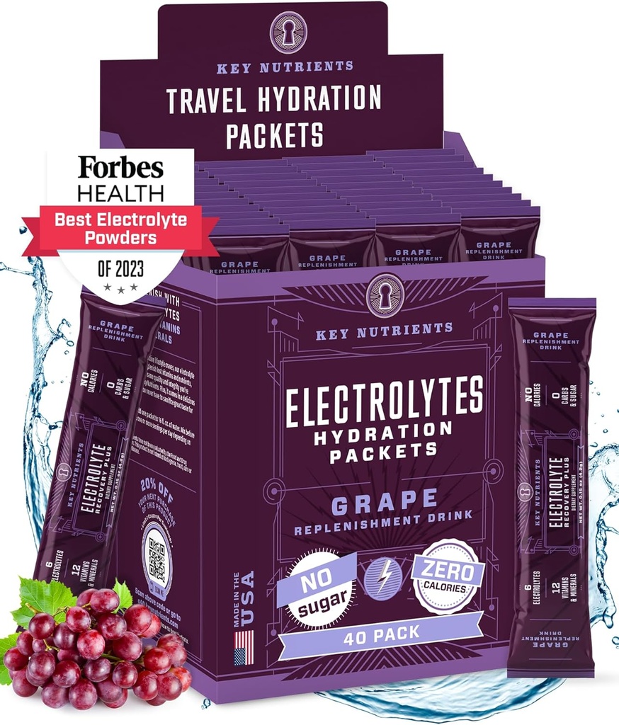 KEY NUTRIENTS Elektrolītu pulvera paciņas - Auglīgas vīnogas 40 Pack Hydration Packets - Travel Hydration Powder - Nav cukura, Nav kaloriju, bez lipekļa - Ražots ASV