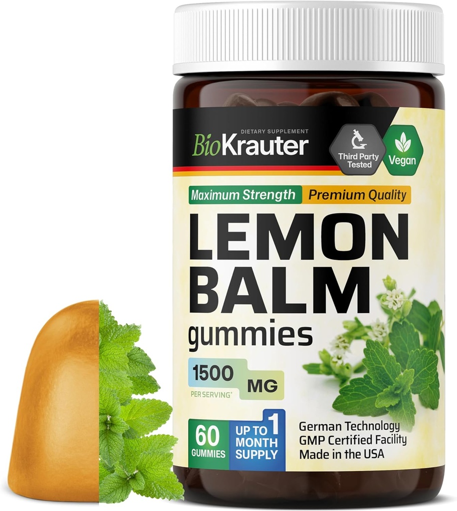 BIO KRATER Lemon Balm Gummies - 1500 mg Stiprums - 60 Vegan Chews - Miega atbalsts - Citron Balm Leaf ekstrakts - Želatīns - bez