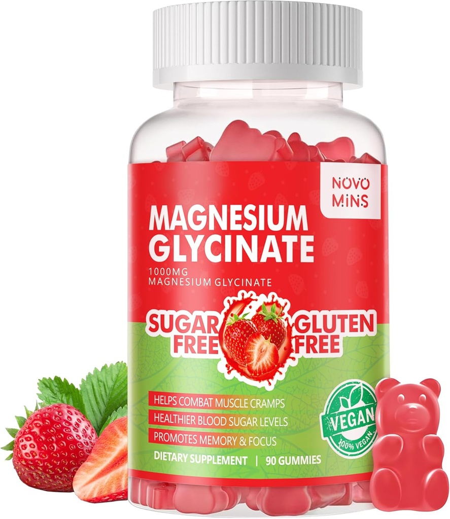 90 CT Magnija Glicināt Gumijas - bez cukura Magnija Kālija Papildinājums ar vitamīnu D, B6, CoQ10 Calm Mood & Miega atbalsts - 90 zemeņu Gumijas