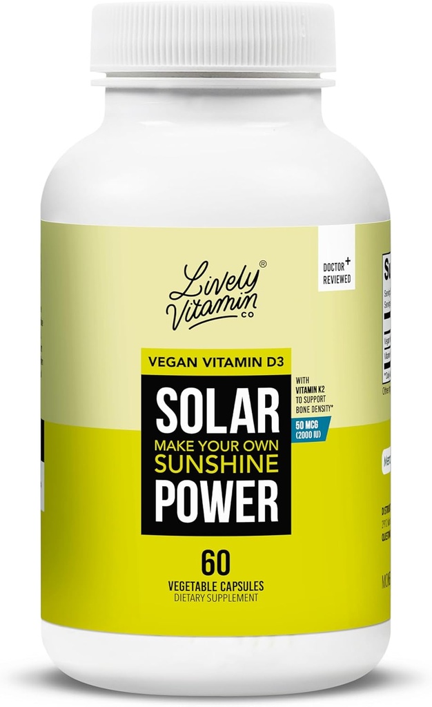 LIVELY VITAMIN CO. Saules enerģija D3 vitamīns 2000 iu - Patentēts vitamīns K - MK7 - Imūnais līdzsvars - Smadzeņu funkcija - Garš - Sirds - Stress - 60 Skaits