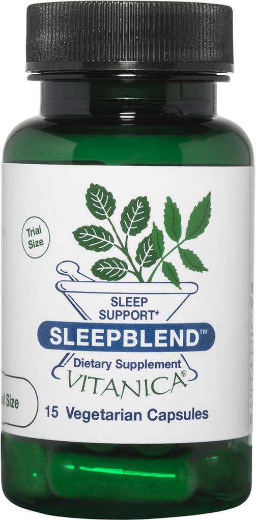 Vitanica SleepBlend - Miega un relaksācijas atbalsts sievietēm - Augu bagātinātāji ar melatonīnu, baldriāna sakni, B2 un B12 vitamīnu un magniju - Pro Logo - 15 Vegan Caps