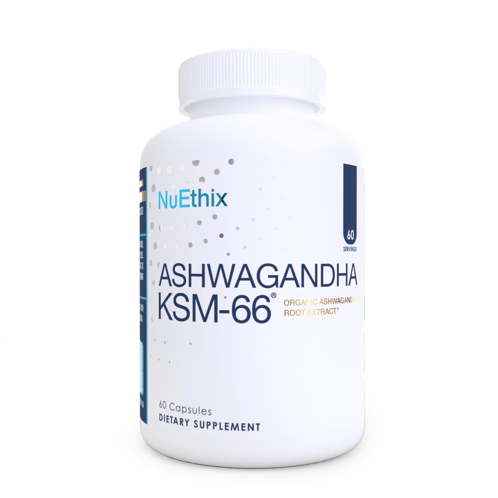 NuEthix formulas Ashwagandha KSM 66, 500mg KSM-66 Saknes ekstrakts, Mood, Stress, & Kognitīvais atbalsts, BioPerine Black Piparu ekstrakts, bez lipekļa, veģetārs, ne-GMO, un piena bez, 60 Servējumi