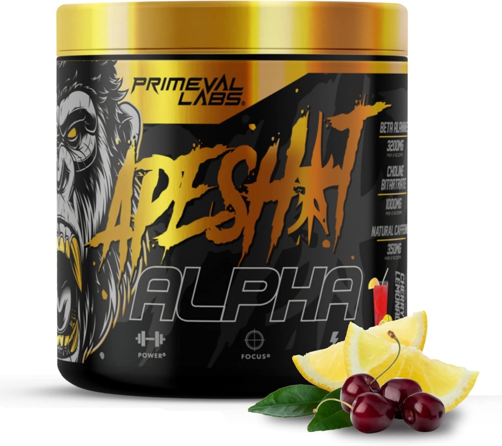 Primeval Labs Ape Alpha Natural Pre Workout vīriešiem un sievietēm ; Palielināt Izturību un Focus ; 350mg Kofeīna pulveris ; Beta-Alanīns; L citrulīns; Nitric Oxide Booster; 40 Kalpo