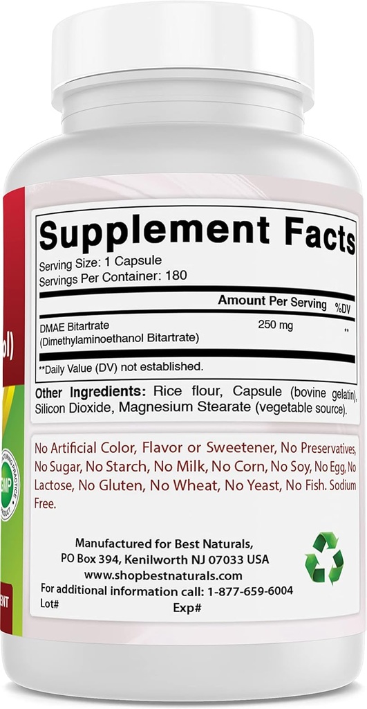 Labākā dabas DMAE papildinājums 250 mg un vitamīns B1 kā tiamīna mononitrāts 100 mg