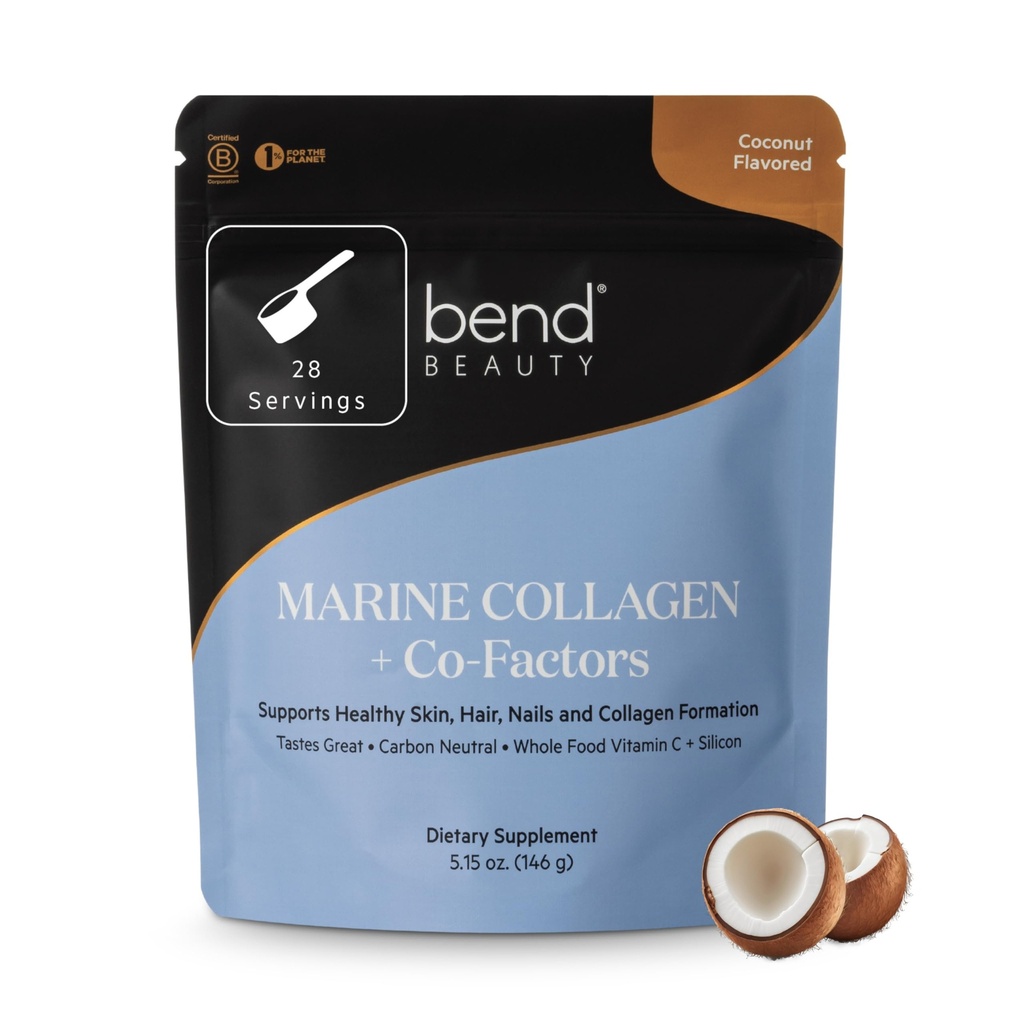 Bend Beauty Marine Collagen + Co-Factors ” Kokosriekstu kolagēna pulveris ” hidrolizēts kolagēna papildinājums ” Zivju kolagēna peptīdi + Silīcija + C vitamīns ” Atbalsta veselīgu ādu, matus un nagus