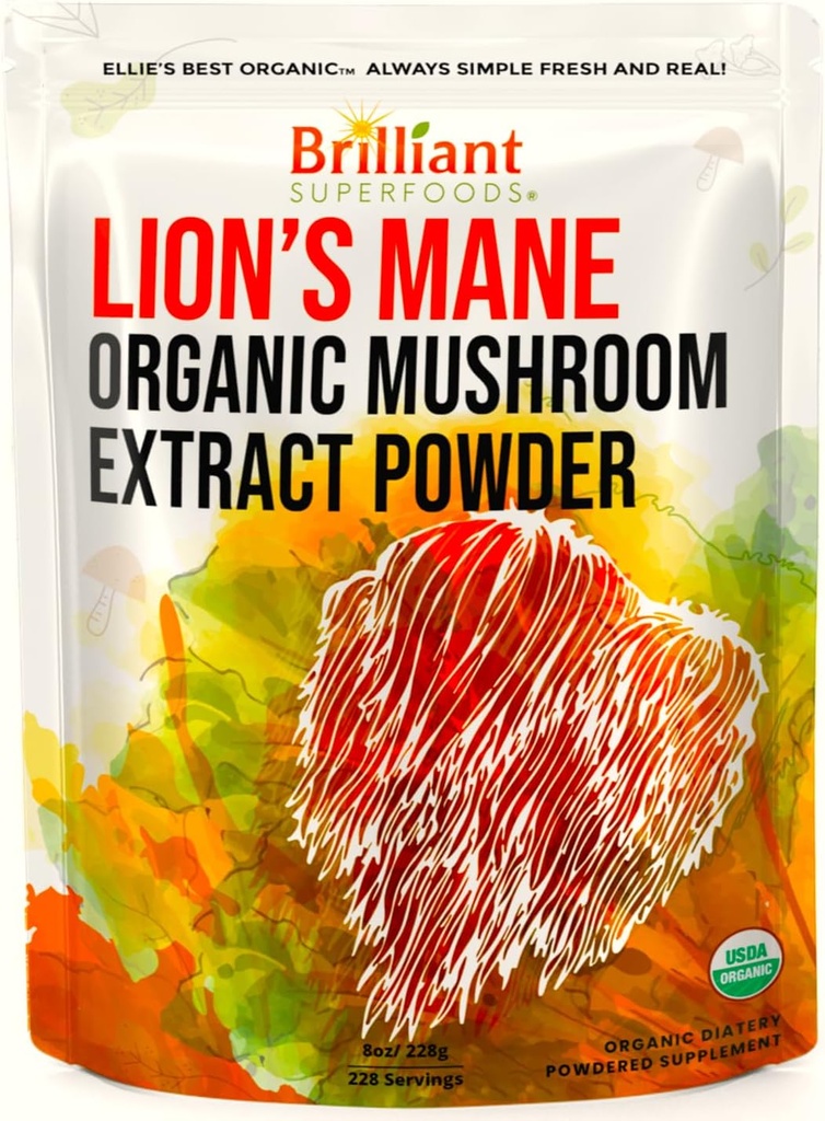 Ellie's Best Lions Mane sēņu ekstrakta papildinājums Organic 228 Servings - Double Extracted for Highest potenci - šķīdinātāji kafija, tēja, sulas uc 8oz