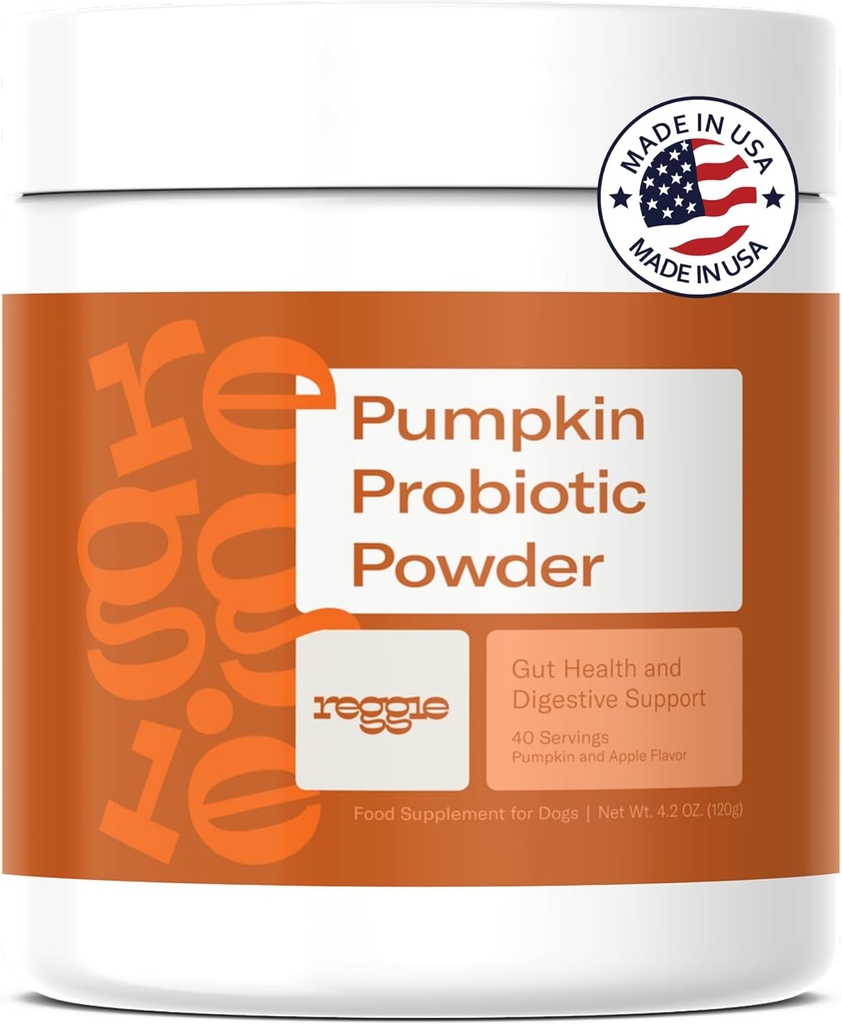 Reggie Ķirbju Probiotikas Pulveris suņiem  - 7-celms Probiotikas + ķirbju Gut Veselība, Gremošanas & Stool Konsekvence -- Natural Dog Gremošanas Papildinājums - Vet-Apstiprināts & Ražots ASV -- 40 Scoops