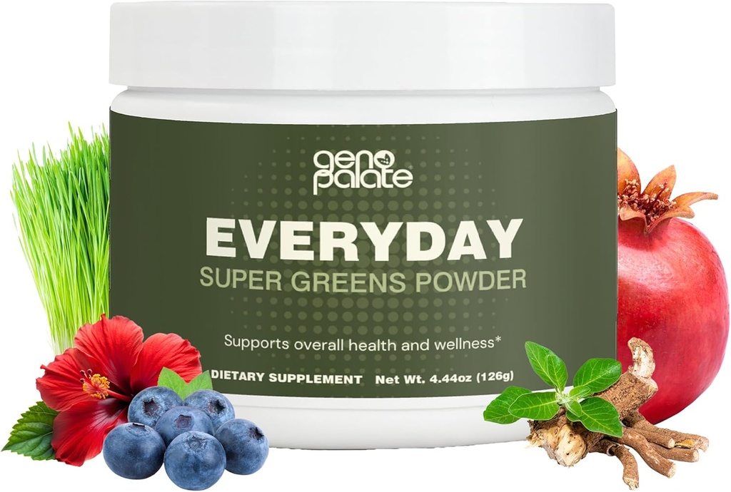 GenoPalate Everyday Super Greens, augu bāzes Nutrients ar Miežu Zāle, Spirulīna, Turmeric & Probiotics, Atbalsta enerģija, Gremošanas, Antioksidanti & Stress, Vegan, Gluten-Free, Non-GMO, 30 Kalpo
