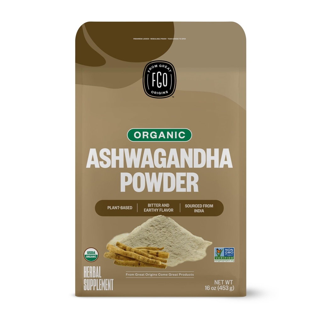 FGO Organic Ashwagandha Root Powder, 16oz Reselable Bulk Bag, Non-GMO, Indian Ginseng, Witania Somnifera, no Indijas (1. iepakojums)