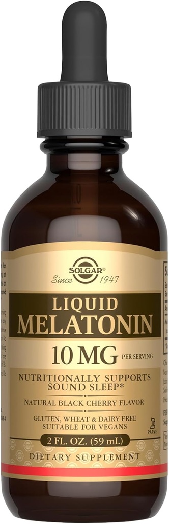 SOLGAR Liquid Melatonin 10 mg, Natural Black Cherry Flavor - 2 fl oz - Great for Jet Lag - Vegan, Gluten & Dairy Free, Kosher - 59 Servē