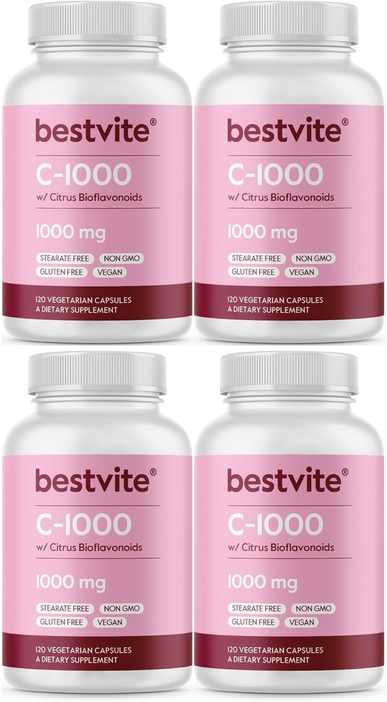 BESTVITE vitamīns C 1000mg (480 Veģetārās kapsulas) (120 x 4) ar Citrus Bioflavinoids - bez stearātiem - vegan - ne ĢMO - bez lipekļa