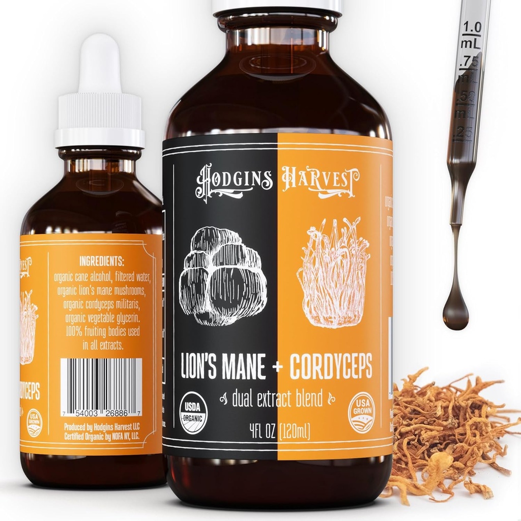 Hodgins Ražas Organiskā Lauvas Manē + Kordicepsa Tincture ; Ražots ar sēnēm, kas audzētas mūsu saimniecībā ASV ; Dual Extract ; Extra-Concentrated (4 fl oz)