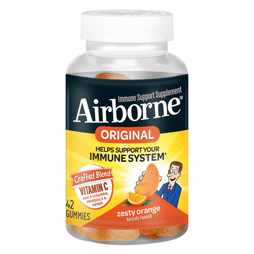 Airborne vitamīns C 750mg (par apkalpo) Zesty Orange Flavored Gumies (42 Skaits pudelē), Gluten-free Imūnās atbalsta papildinājums ar vitamīniem A C E, Selēns, Echinacea, Ingver, Antioksidants