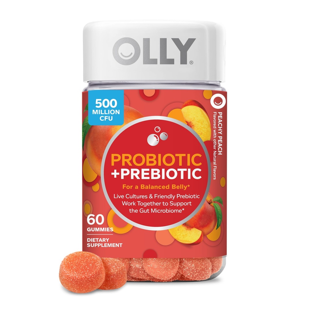 OLLY Probiotic + Prebiotic Gummy, 500 million CFUs, Peachy Peach - 60 Count